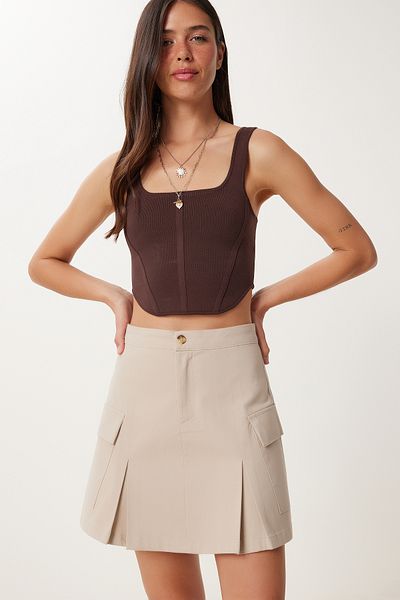 Happiness İstanbul Fusta mini din Gabardine cu buzunare plisate bej pentru femei VW00006