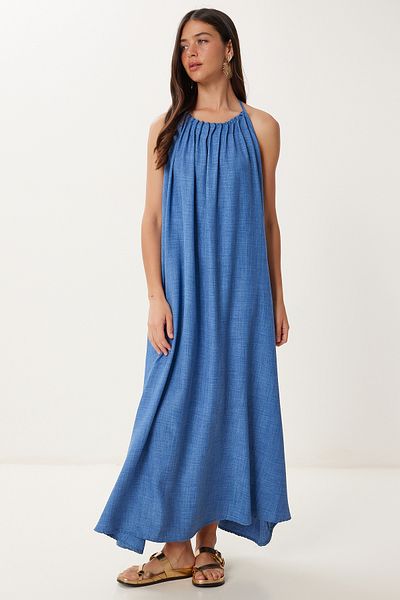 Happiness İstanbul Women's Indigo Blue Bead Detail Back Cutout Summer Woven Dress Pb00049