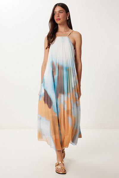 Happiness İstanbul Rochie Midi din tul plisată cu model de muștar albastru pentru femei FN03472