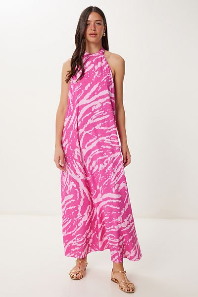 Happiness İstanbul Women's Pink Halter Neck Patterned Summer Viscose Dress Fg00042