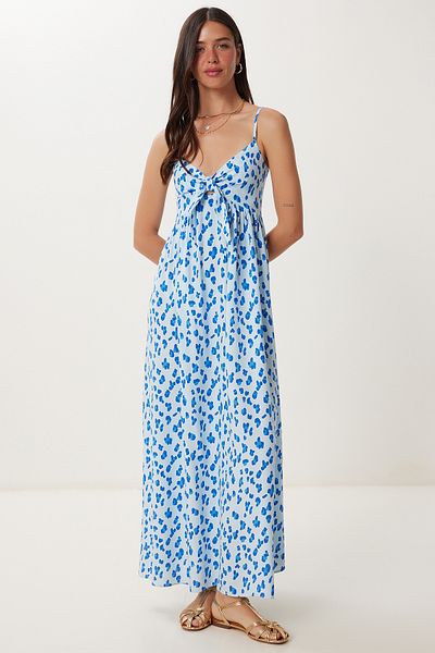 Happiness İstanbul Rochie de vară din viscoză cu model cu bretele albastru cer FG00043