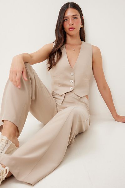 Happiness İstanbul Women's Beige Woven Vest Pants Suit Fn03463