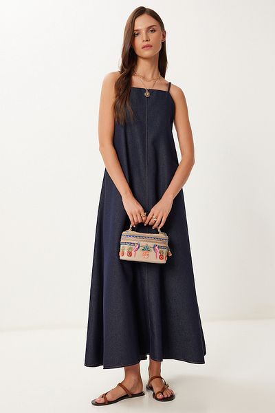 Happiness İstanbul Women's Dark Navy Blue Strap Summer Denim Dress Mx00200