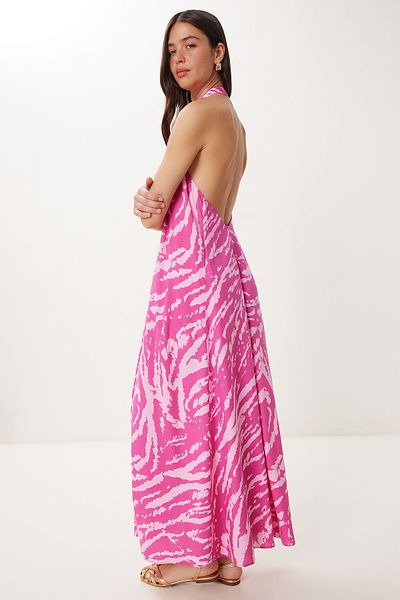 Happiness İstanbul Women's Pink Halter Neck Patterned Summer Viscose Dress Fg00042