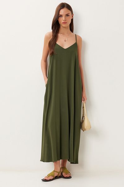 Happiness İstanbul Khakifarbenes Sommer-Viskosekleid mit Trägern für Damen FG00050