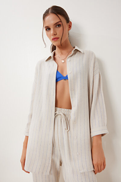 Happiness İstanbul Női kőkék csíkos vászon ing nadrág öltöny MU00014