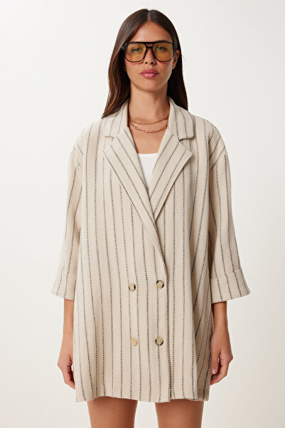 Happiness İstanbul Γυναικείο Κρεμ Μαύρο Oversize Ριγέ Εποχιακό Λινό Μπουφάν MX00224