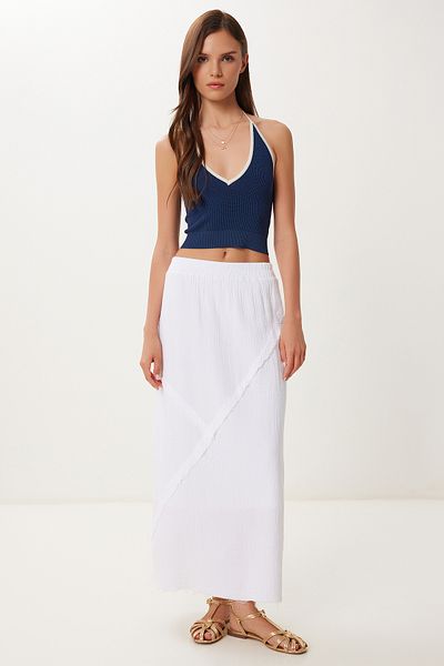 Happiness İstanbul Women's White Stitching Detailed Midi Muslin Skirt Bv00136