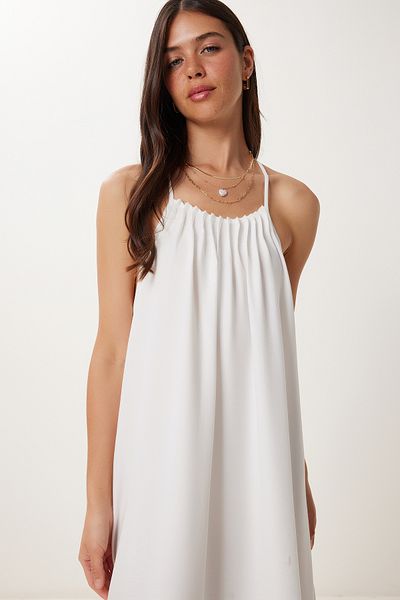 Happiness İstanbul Women's White Bead Detail Back Cutout Summer Woven Dress Pb00049