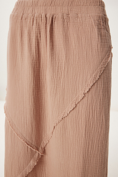 Happiness İstanbul Women's Beige Stitching Detailed Midi Muslin Skirt Bv00136