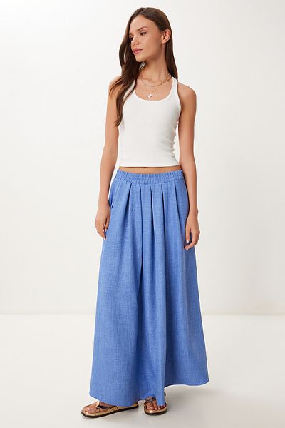Happiness İstanbul Women's Indigo Blue Pocket Flared Summer Woven Skirt Pb00046
