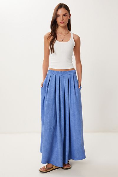 Happiness İstanbul Women's Indigo Blue Pocket Flared Summer Woven Skirt Pb00046