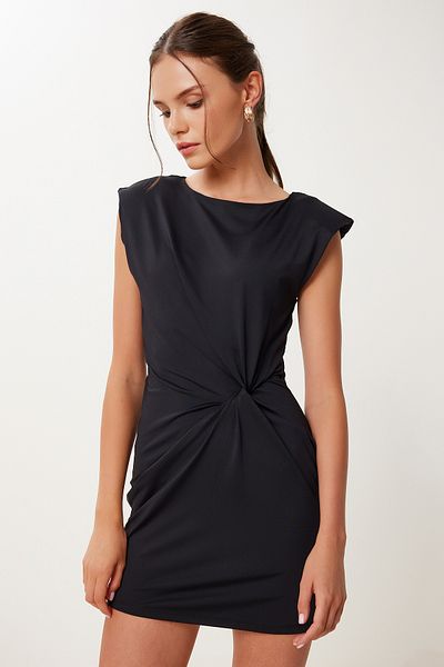 Happiness İstanbul Women's Black Padded Draped Flexible Mini Sandy Knitted Dress Vw00004