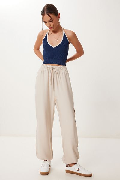 Happiness İstanbul Women's Cream Pocket Linen Cargo Pants Mx00212