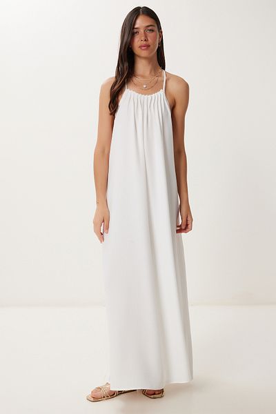 Happiness İstanbul Women's White Bead Detail Back Cutout Summer Woven Dress Pb00049