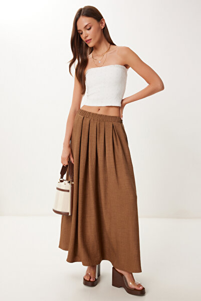 Happiness İstanbul Kadın Kahverengi Cepli Kloş Yazlık Dokuma Etek PB00046