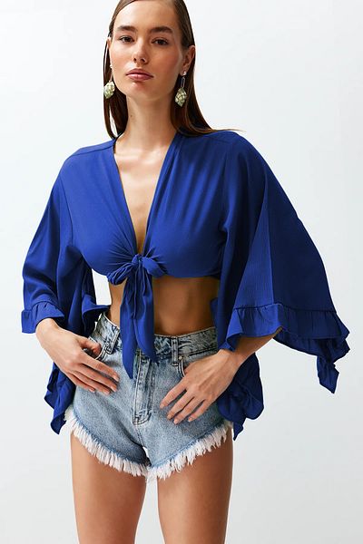 Trendyol Collection Bluză de plajă Saks Crop Woven Flounced TBESS19BB0095