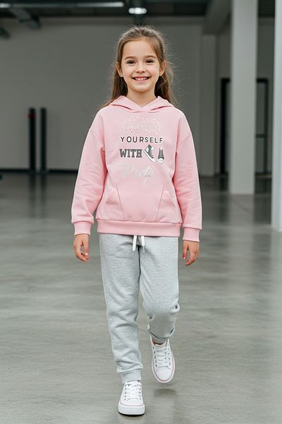 TRENDYOLKIDS Púder lány gyerek pamut szlogen nyomtatott kötött pulóver tréningruha alsó-felső öltöny TKDAW25AU00052