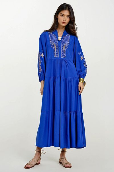Trend Alaçatı Stili Dámské Saks Judge Collar Třpytivé výšivky Maxi délka Tkané šaty ALC-X11992