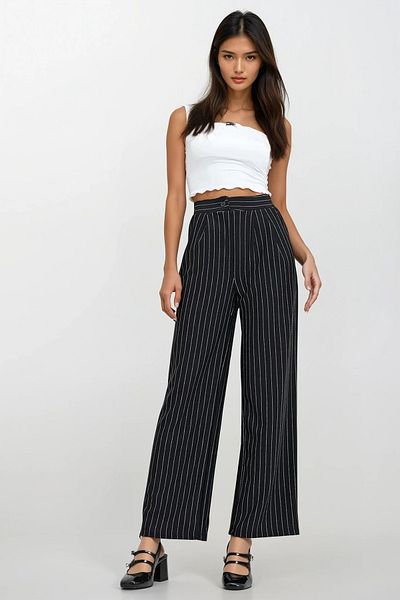 Trend Alaçatı Stili Pantaloni tricotați Palazzo cu buzunare dublu cu dungi negre pentru femei ALC-X11957