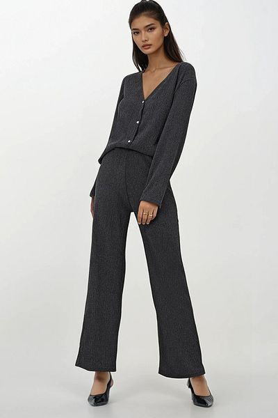 Trend Alaçatı Stili Anthracite V-Neck Stone Buttoned Women's Cardigan and Trousers Set - Alc-X12914