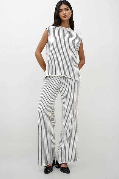 Trend Alaçatı Stili Cream Colored Women's Blouse and Palazzo Pants Set - Half Turtleneck, Buttoned Side Detail, Alc-X13010