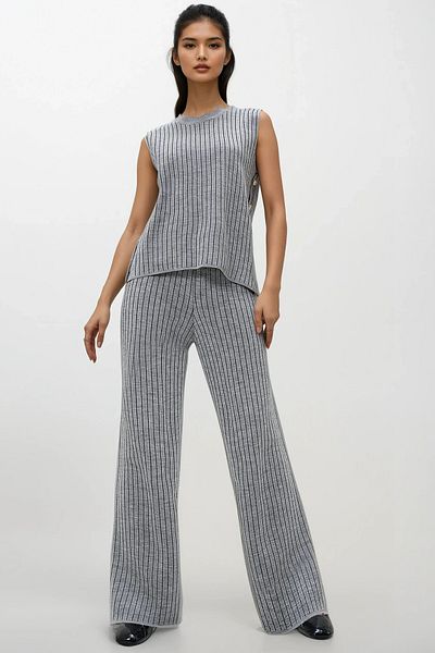 Trend Alaçatı Stili Gray Half Turtleneck Blouse and Palazzo Pants Set - Buttoned Side Detail Alc-X13010