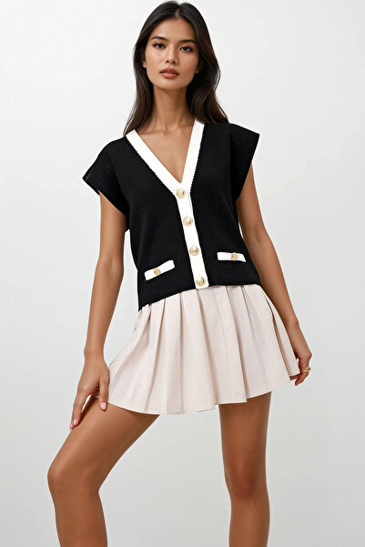 Trend Alaçatı Stili Fekete arany gombos V-nyakú, párnázott mellény - ALC-X12734