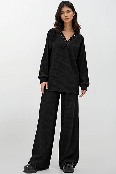 Trend Alaçatı Stili Black V-Neck Snap Blouse and Wide Leg Trousers Set - Alc-X13072