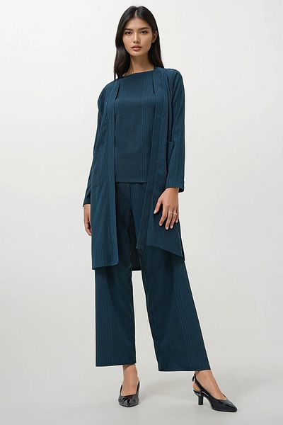 Trend Alaçatı Stili Walnut Green 3 Piece Set - Crew Neck Blouse, Double Pocket Vest and Trousers Alc-X12899