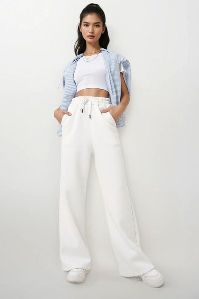 Trend Alaçatı Stili Pantaloni Palazzo pentru damă, albi, cu buzunar dublu, cu 3 fire - ALC-X12569