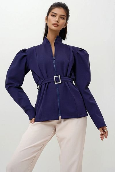 Trend Alaçatı Stili Marineblaue Damenjacke aus Tauchstoff – Prinzessinnenärmel, Reißverschluss und Gürtel ALC-X12715