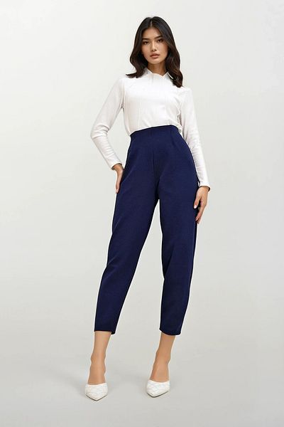 Trend Alaçatı Stili NavY Blue krepové kalhoty s vysokým pasem – límeček a splývavé, ALC-X12561