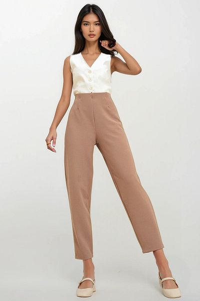 Trend Alaçatı Stili High Waist Dark Beige Crepe Trousers with Dart - ALC-X12561