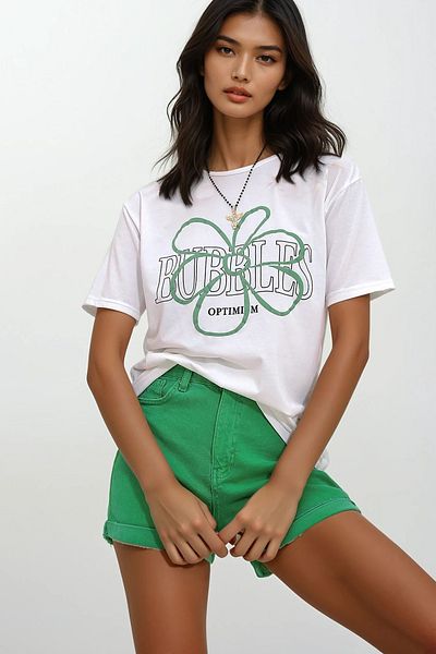 Trend Alaçatı Stili Tricou alb cu decolteu triplu cu imprimeu Flock pentru femei ALC-X12080