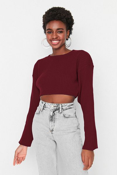 Trendyol Collection Pulover de tricotaj de bază Super Crop Burgundy TWOAW23KZ01068
