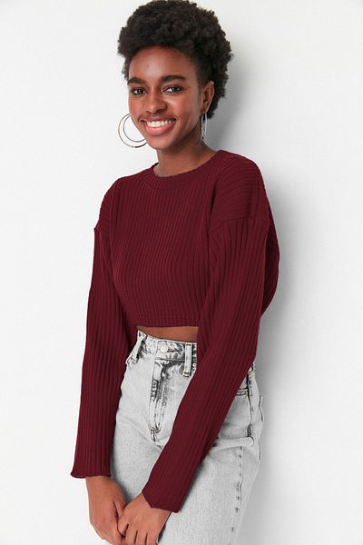 Trendyol Collection Pulover de tricotaj de bază Super Crop Burgundy TWOAW23KZ01068