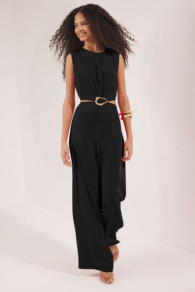 Trendyol Collection Black Cut Out/Window and Buckle Detail Wide Leg Woven Crepe Jumpsuit Twoss25Tu00065