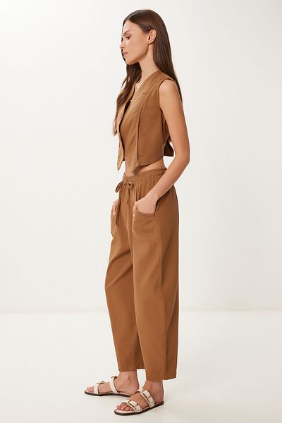 Happiness İstanbul Women's Brown Linen Vest Baggy Trousers Suit Bv00143