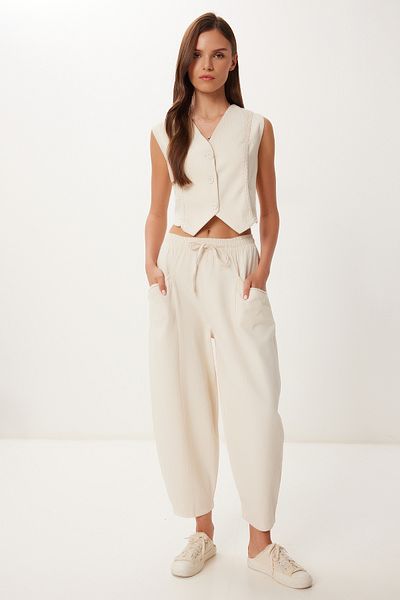 Happiness İstanbul Women's Cream Linen Vest Baggy Trousers Suit Bv00143