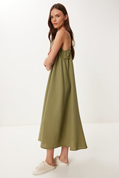 Happiness İstanbul Women's Khaki Tassel Strap Summer Muslin Dress Bv00152