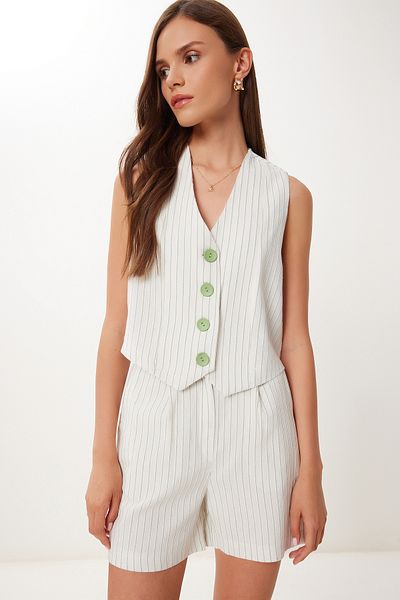 Happiness İstanbul Women's Cream Green Striped Linen Vest Shorts Set Bv00133