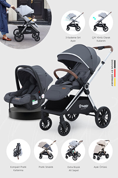 Huggy Mate 5 in 1 Extra Parlak Çift Yönlü Antrasit Travel Bebek Arabası