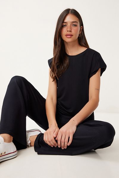 Happiness İstanbul Women's Black Padded Basic Flexible Knitted Bottom-Top Set Zv00334