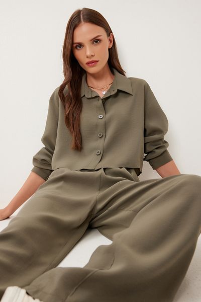 Happiness İstanbul Women's Khaki Modal Shirt Pants Suit Bv00158