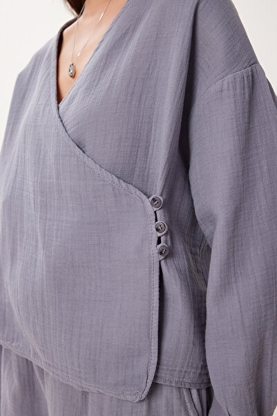 Happiness İstanbul Kadın Antrasit Müslin Bluz Şort Takım BV00151