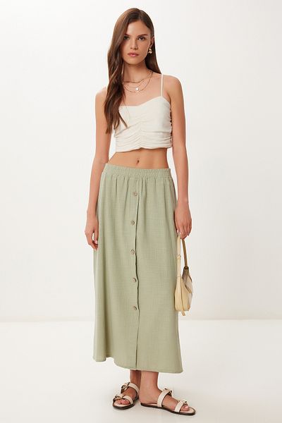 Happiness İstanbul Women's Green Button Detailed Midi Linen Skirt Bv00139