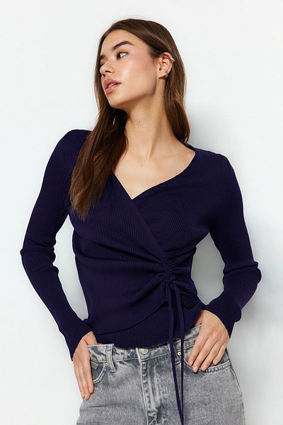 Trendyol Collection Navy Blue Double Breasted Gather Detailed Knitwear Sweater Twoaw23Kz00828