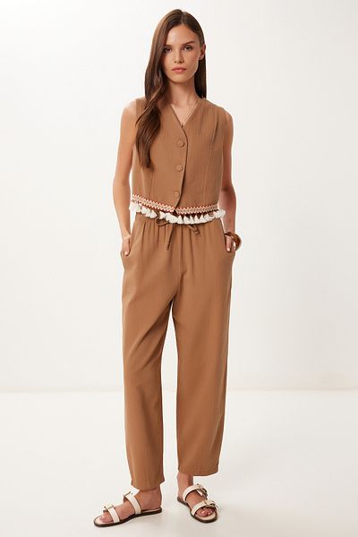 Happiness İstanbul Women's Brown Tassel Linen Vest Pants Suit Bv00147