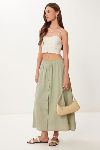 Happiness İstanbul Women's Green Button Detailed Midi Linen Skirt Bv00139
